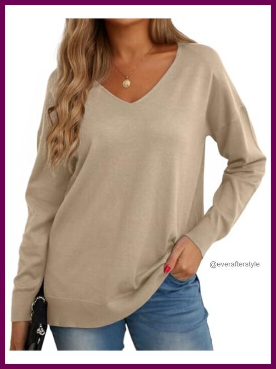 Sweaters - Women's V-Neck Long Sleeve Side Split Loose Knit Pullover Sweater